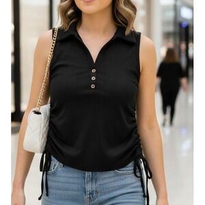 YMI Women's Black‎ Ribbed Sleeveless Tank Top V Neck Cropped Silhouette size XL